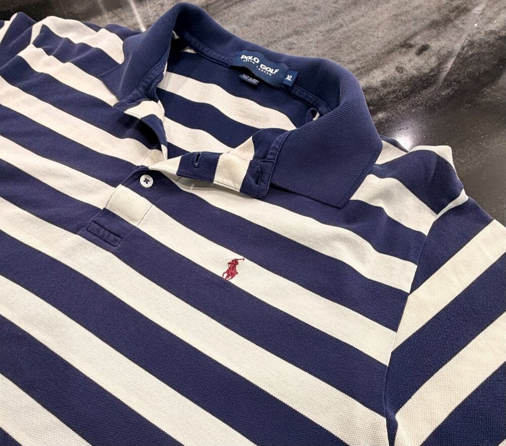 Polo Ralph Lauren Mens XL White Navy Stripe Custom Fit Pique Polo Shirt Cotton